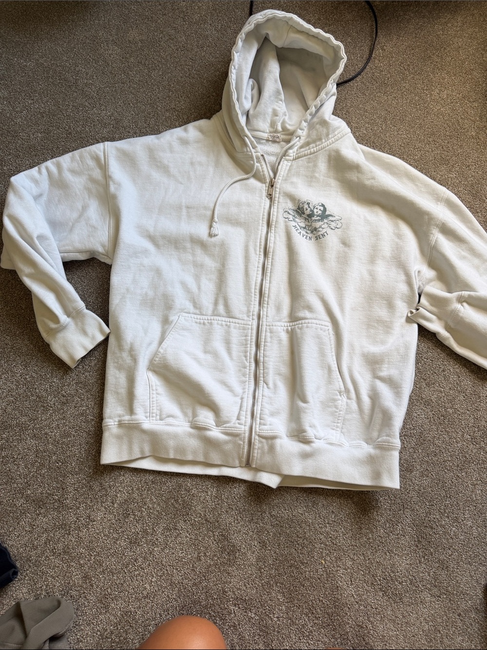 Brandy Melville Off-White Zip-Up Hoodie with Small Chest Graphic